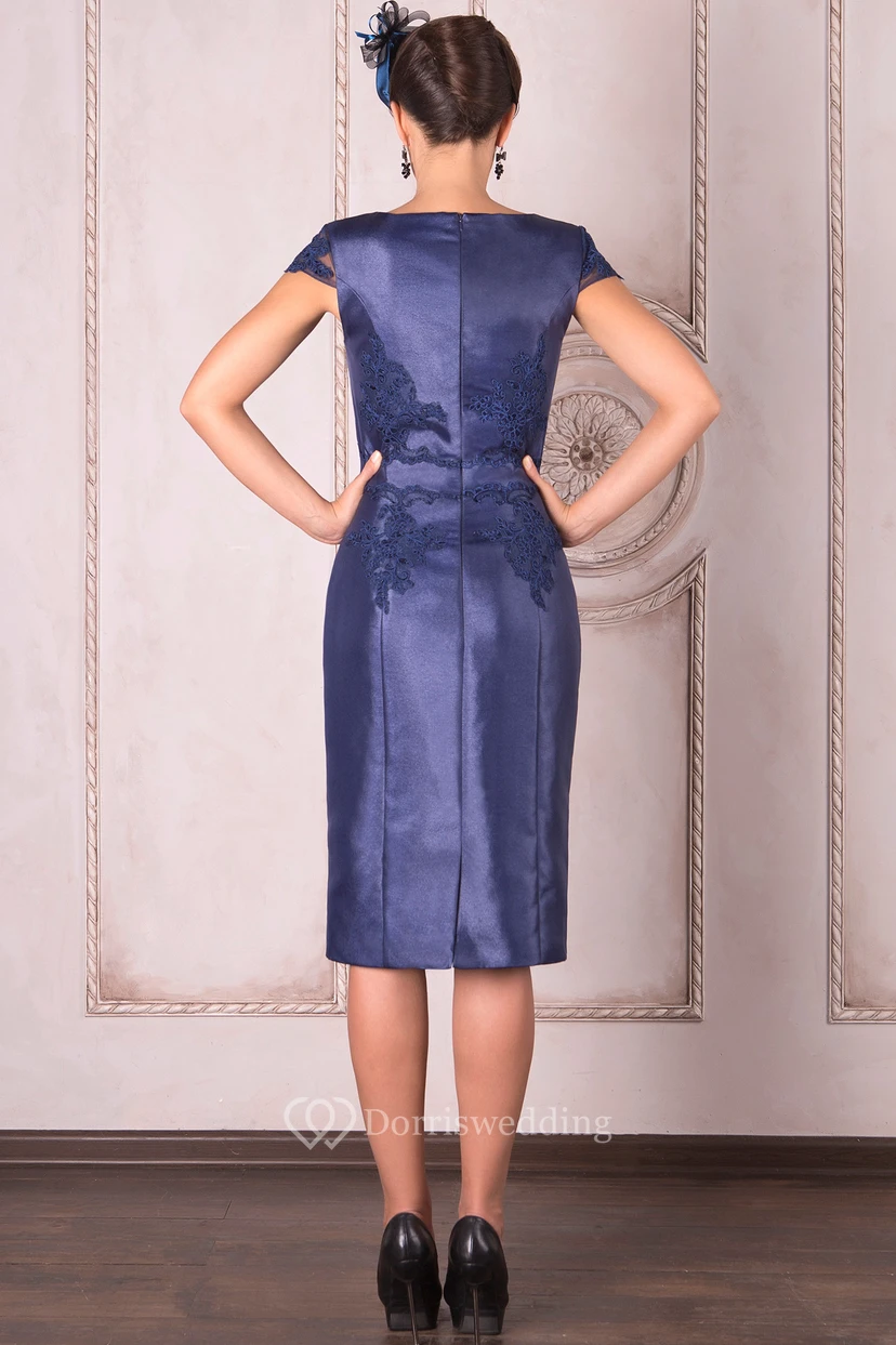 Knee-Length Pencil Cap Sleeve Appliqued Bateau Neck Satin Mother Of The Bride Dress view 2