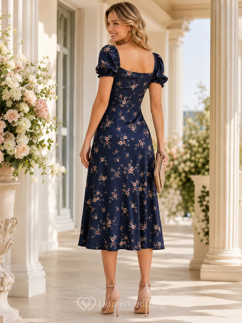 Robe de maternité bleu marine à fleurs, col carré, manches bouffantes, en mousseline, longueur thé view 2