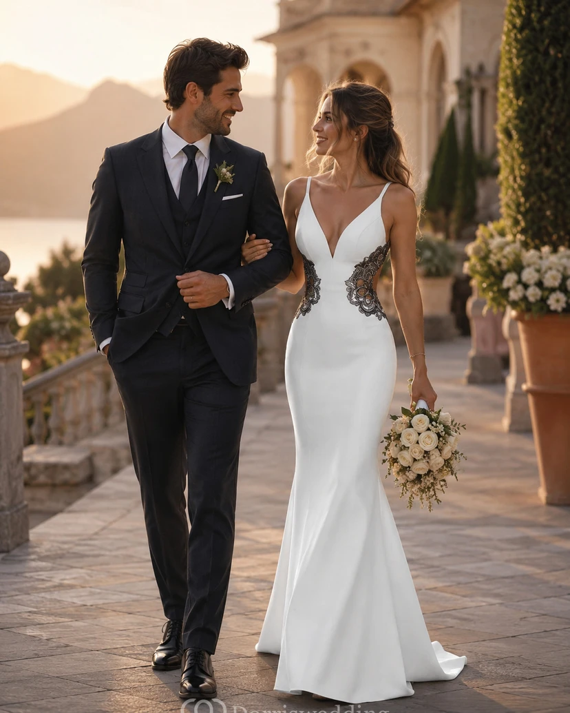 Robe fourreau en satin blanc et noir ornée de perles view 7