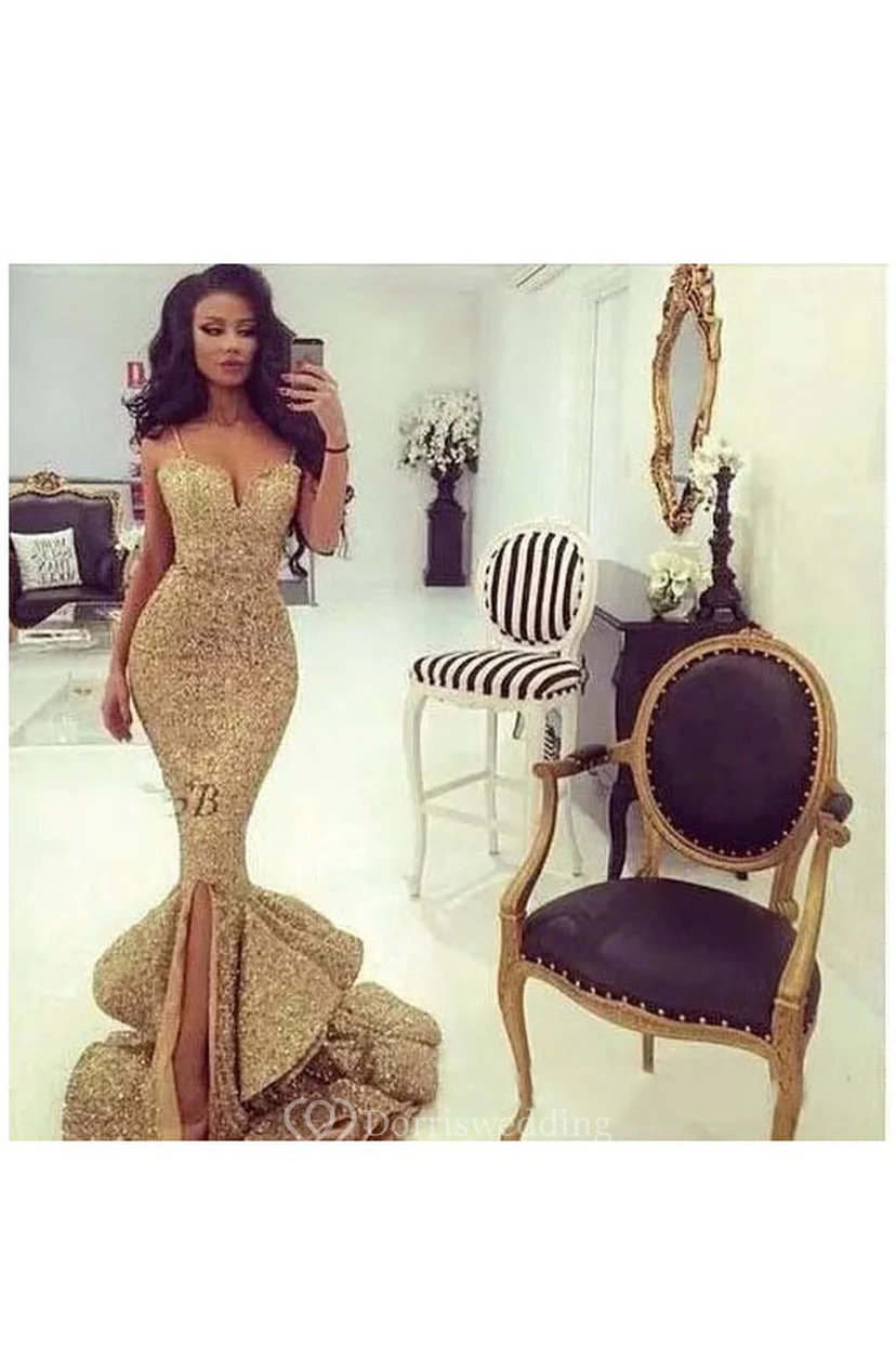 Straps Neck Sweetheart Mermaid Trumpet Sequins Sexy Floor-length Sleeveless Beading Sequins Evening Dress