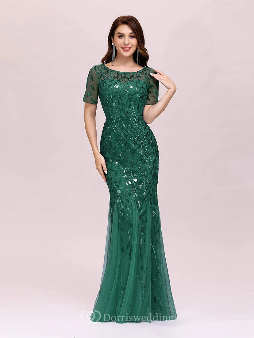 Vestido de sirena vintage de manga corta, largo hasta el suelo, de tul con lentejuelas y pliegues. view 3