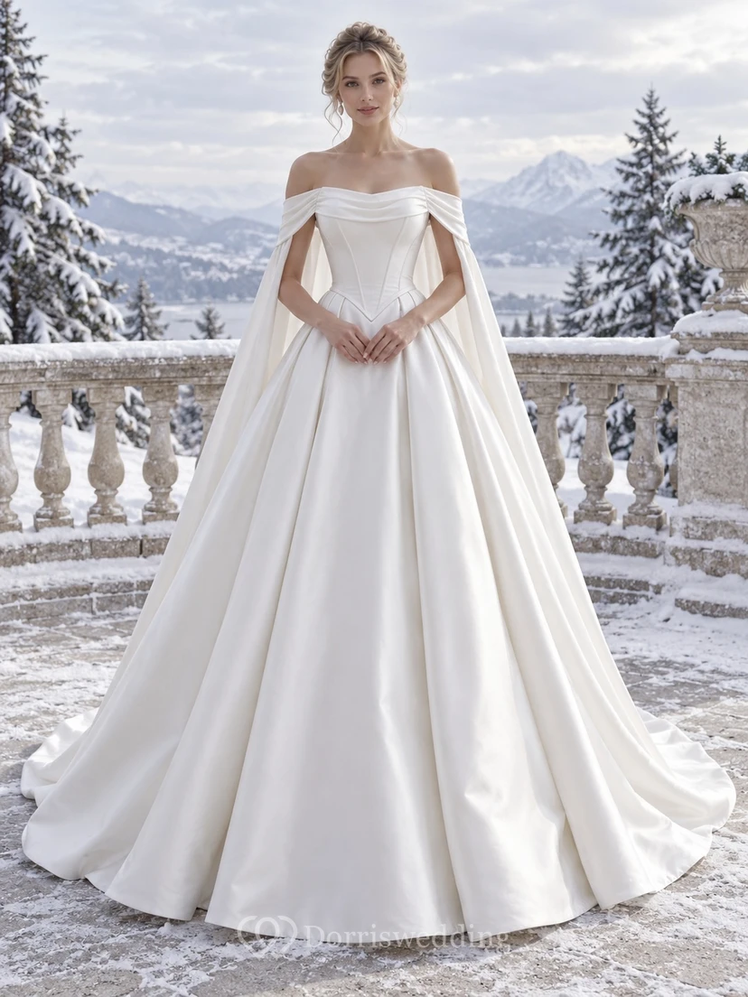 Vestido de novia de invierno sencillo de satén con escote Bardot y corte en A