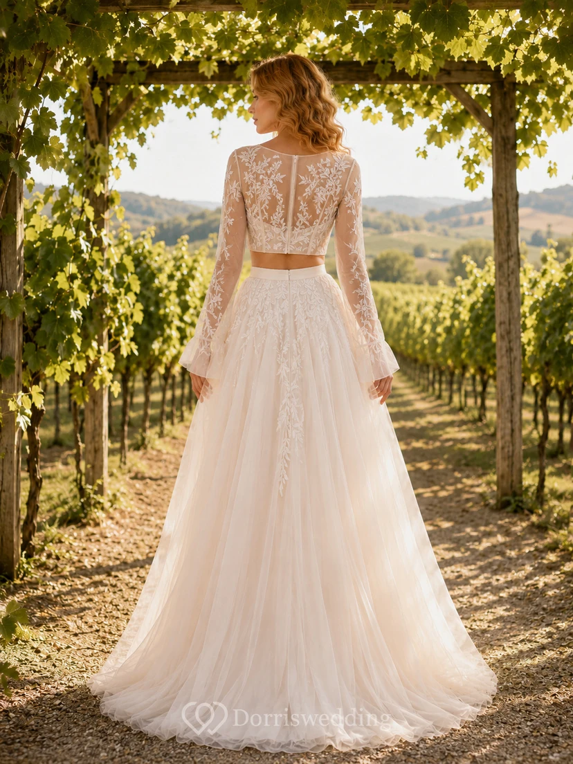 Boho-Zweiteiler-Hochzeitskleid aus Spitze und Tüll in A-Linie mit langen Ärmeln view 2