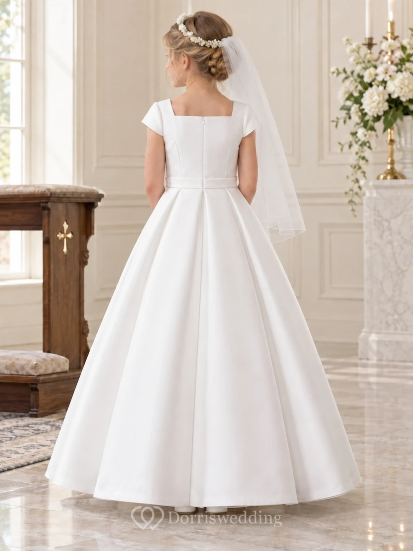 Simple Modest Square Neck White Cap Sleeve Floor-length Satin Communion Dress view 2