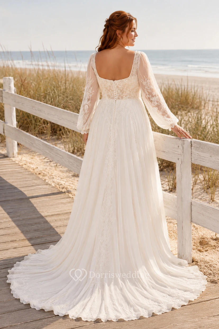 Plus Size Ivory Square Neck Long Sleeve Lace A-Line Wedding Dress view 2