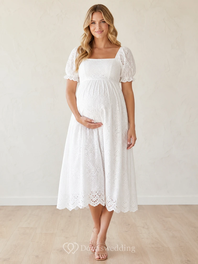 Robe de mariée de maternité longueur thé, col carré, manches bouffantes, dentelle ajourée, col rond, manches bouffantes, robe de mariée en dentelle ajourée.