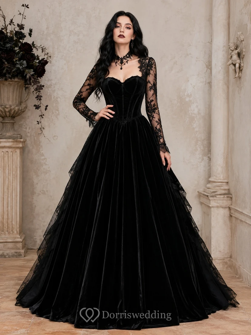 Black Vintage Long-Sleeve Velvet Ball Gown with Lace Corset and Flowers
