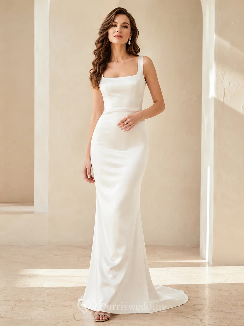 Robe de mariée fourreau en satin à fines bretelles carrées, longueur au sol, style court