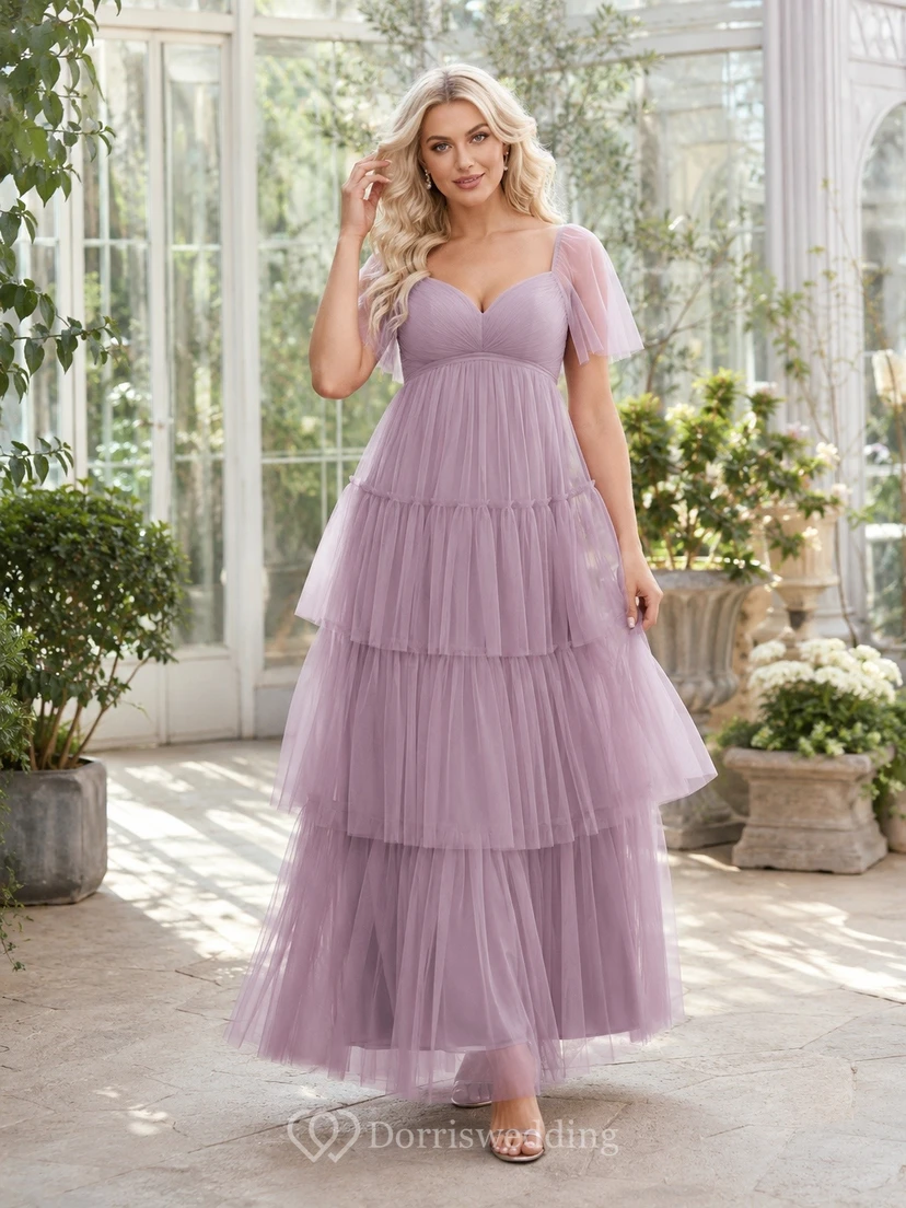 Vestido formal largo hasta el suelo de tul escalonado con mangas de volantes color lavanda estilo imperio