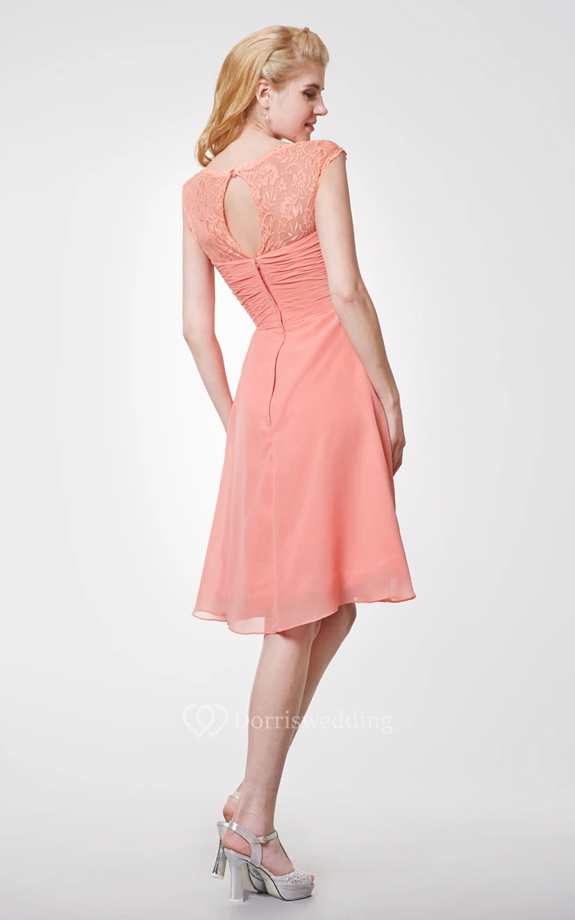 Lace Cap-sleeved Chiffon Knee Length Dress With Side Draping view 3