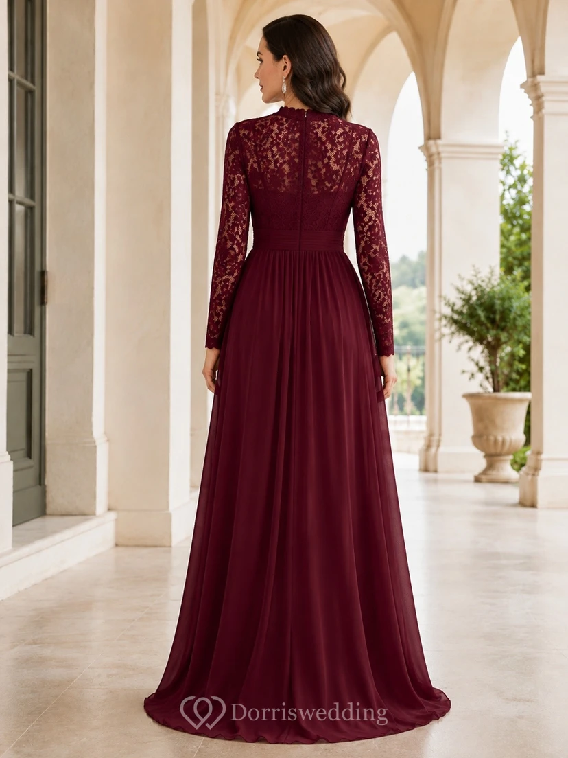 Burgundy Lace Jewel Neck Long Sleeve A-Line Evening Gown view 2