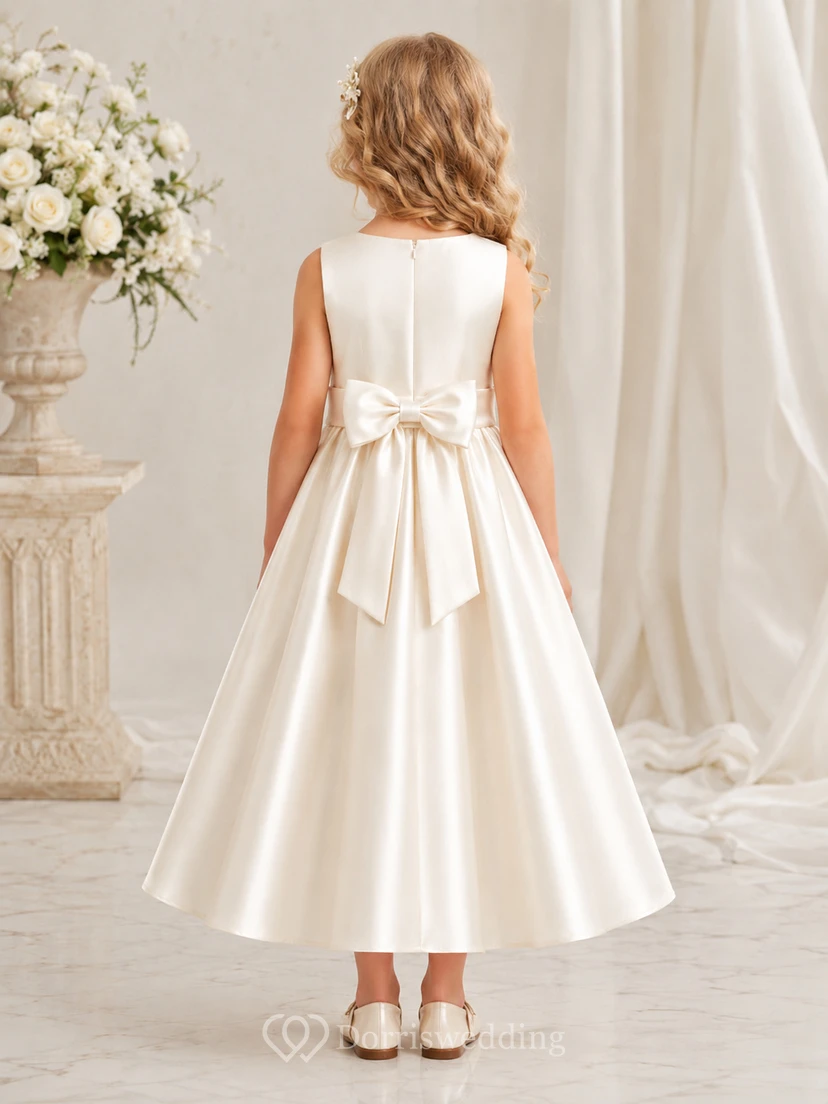 Blumenmädchenkleid aus elfenbeinfarbenem Satin, A-Linie, Rundhalsausschnitt, Teelänge, Schleifendetail view 2