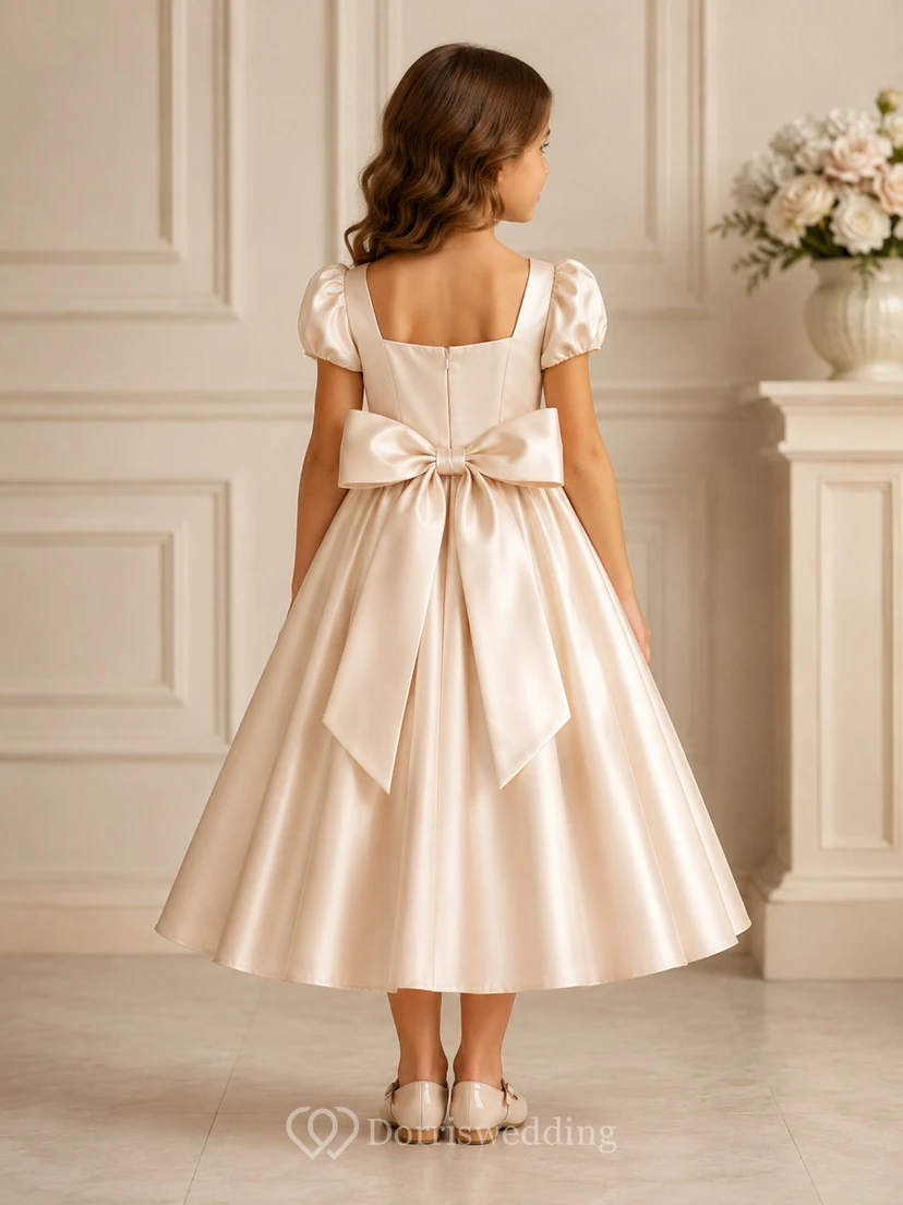 Blumenmädchenkleid aus champagnerfarbenem Satin, A-Linie, Rundhalsausschnitt, Teelänge, Schleife am Rücken view 2