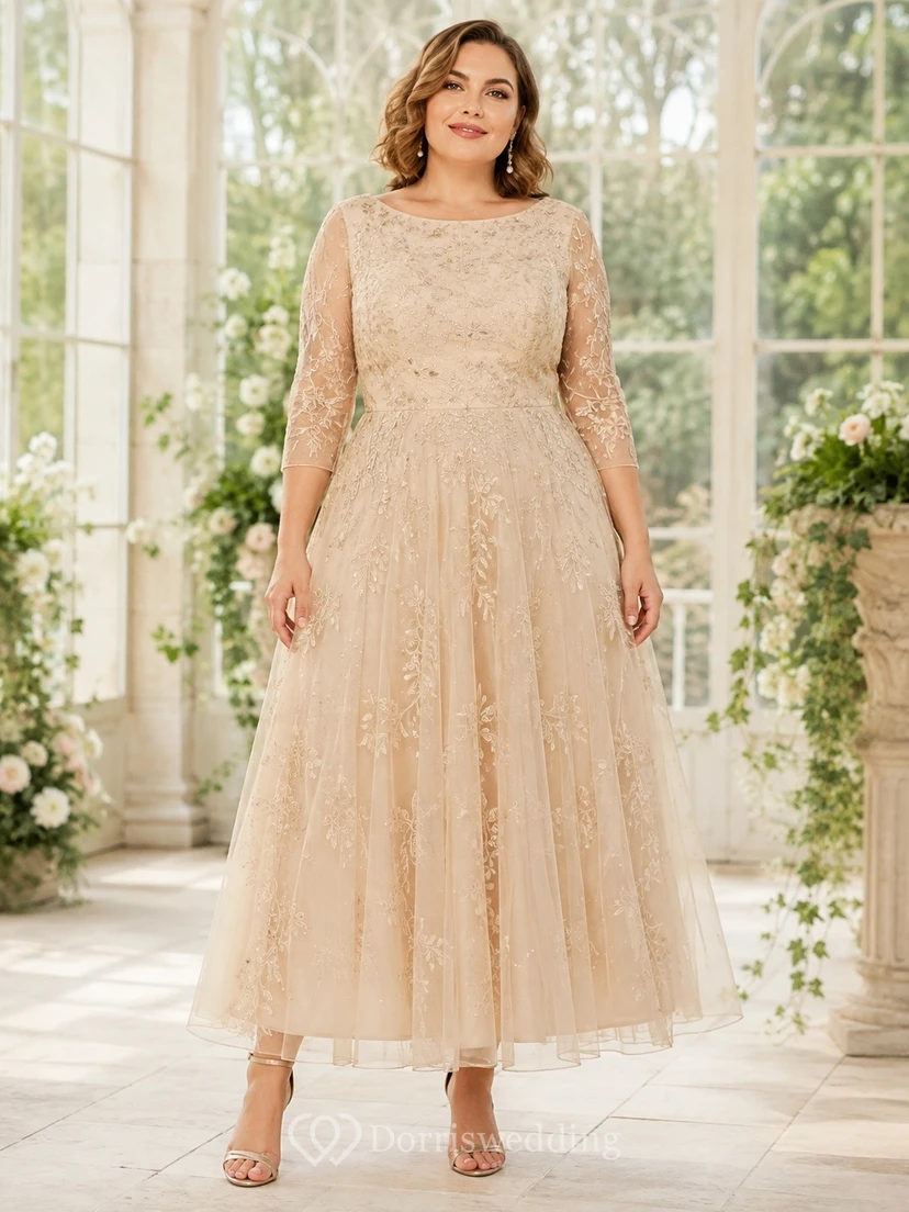 Champagne Lace Jewel-Neck Long-Sleeve A-Line Tea-Length Plus-Size Dress
