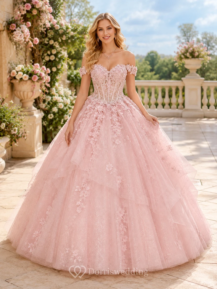 Luxuriöses, rosafarbenes Quinceañera-Ballkleid mit schulterfreiem Ausschnitt, Applikationen und Tüll
