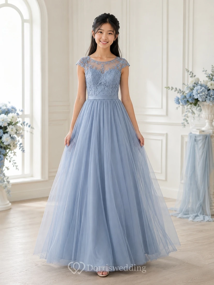Stahlblaues Brautjungfernkleid für junge Damen, A-Linie, Rundhalsausschnitt, kurze Illusionsärmel, Spitze, Tüll, elegant, romantisch