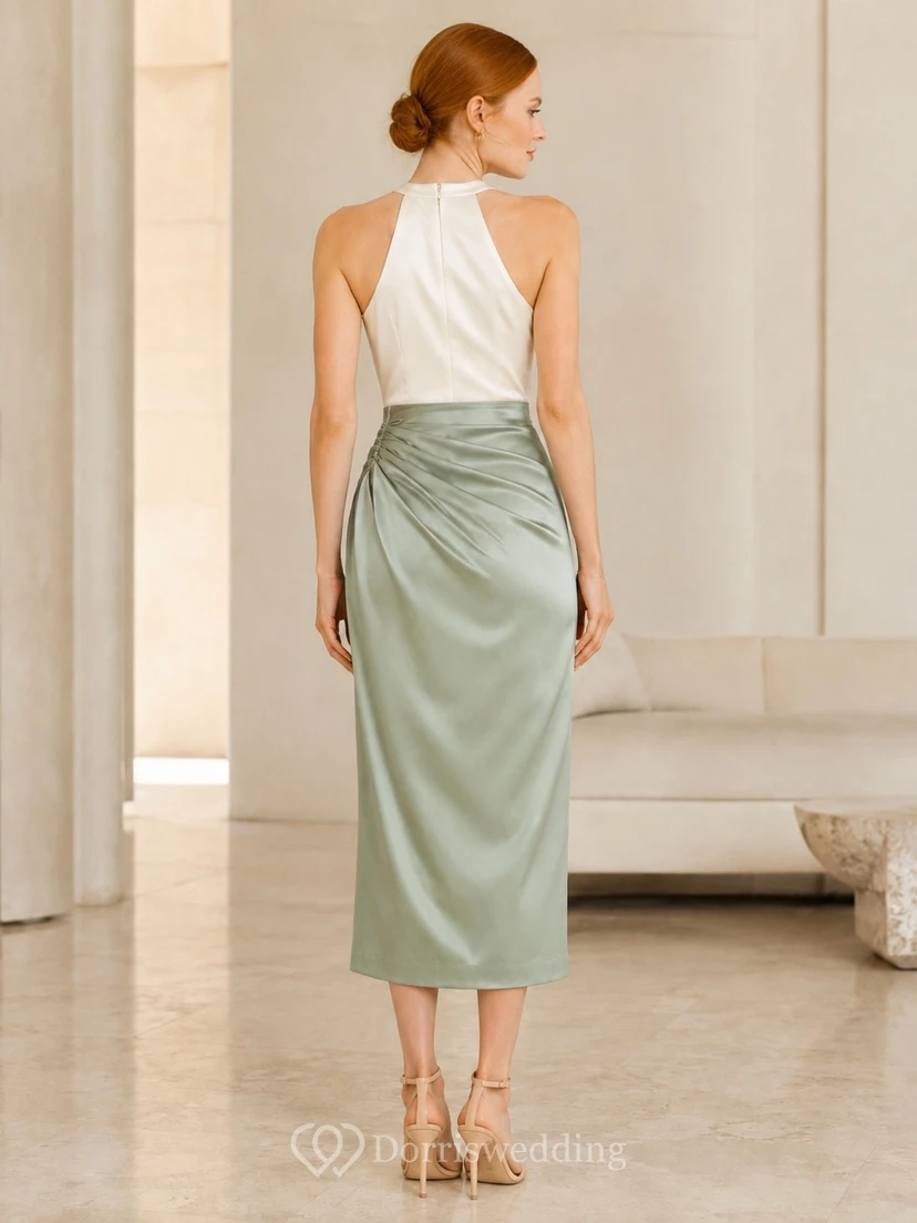 Robe de cocktail crayon deux pièces en satin couleur crème sauge, dos nu, longueur thé view 2