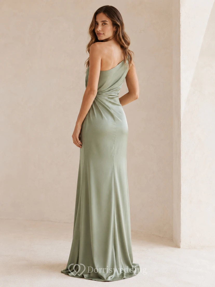 Sage one shoulder ruched satin slit floor length evening dress view 2