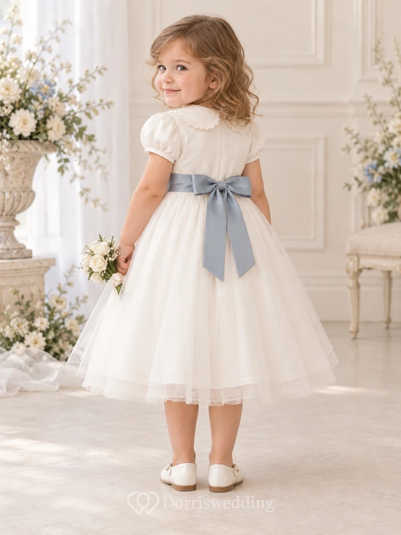 Tea-length Vintage Ivory A-line Tulle Collared Puff-sleeve Blue-sash Flower Girl Dress view 2