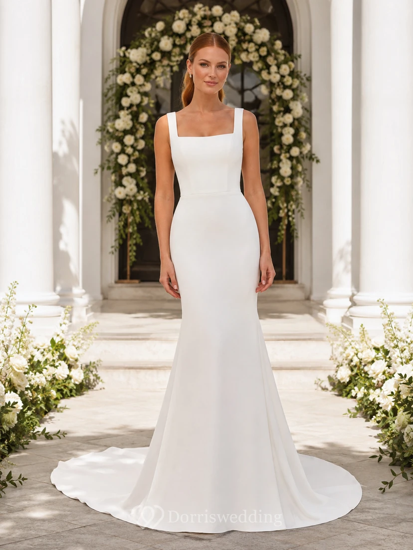 Vestido de novia minimalista de satén, estilo sirena, con escote cuadrado, sin mangas y cola de corte.
