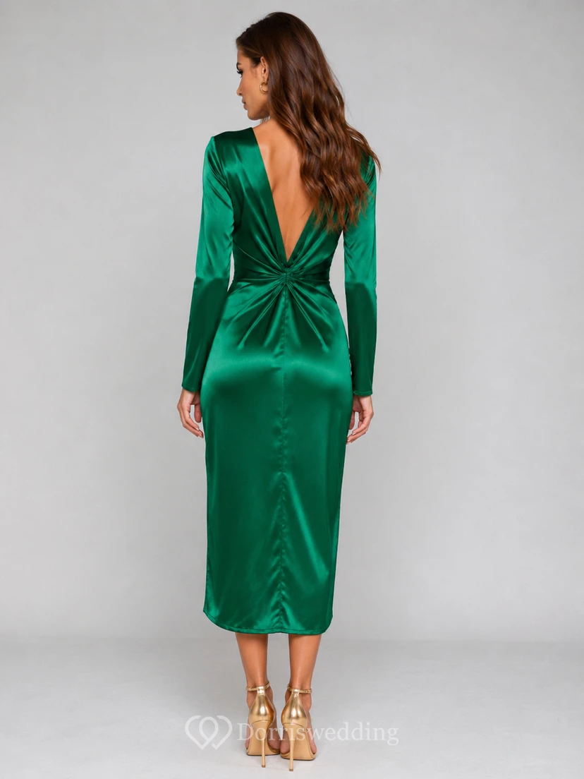 Emerald Green Satin Twist Front Long Sleeve Midi Sheath Dress view 2
