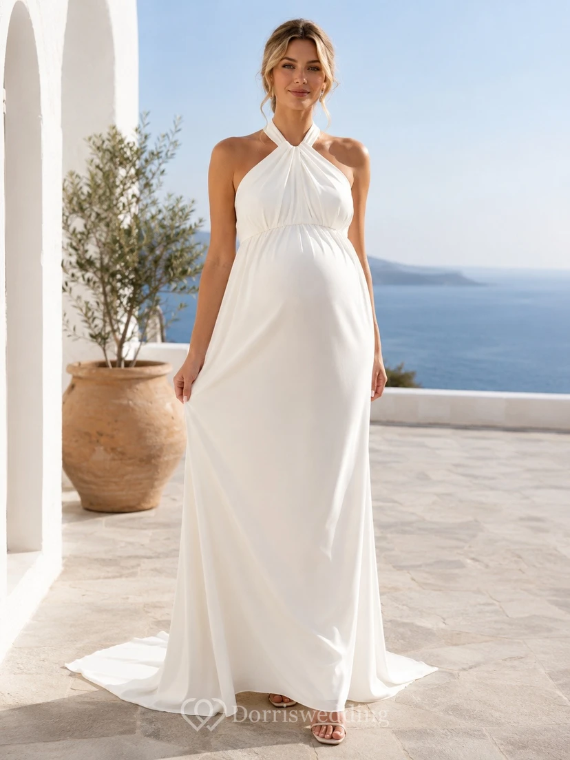 Vestido de novia sencillo de gasa con escote halter y corte en A para embarazadas