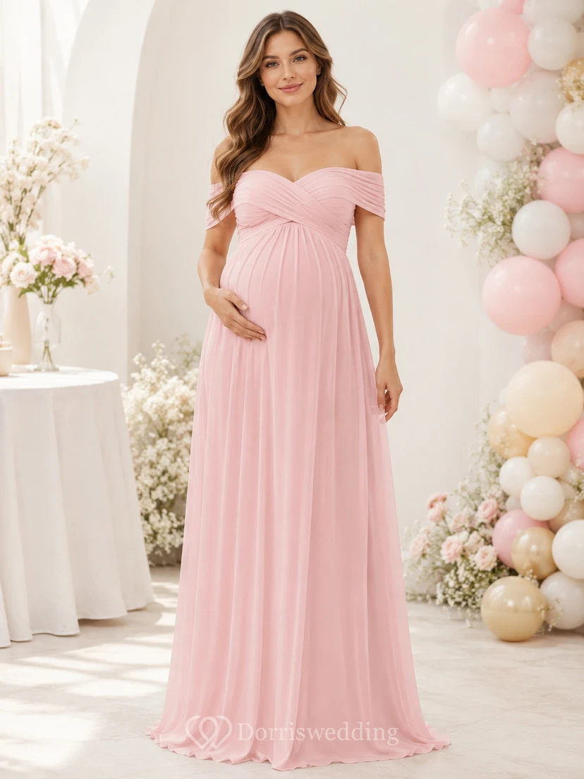 Romantisches, bodenlanges Umstandskleid aus Chiffon in zartem Rosa mit schulterfreiem Rock, Falten und Empire-Schnitt