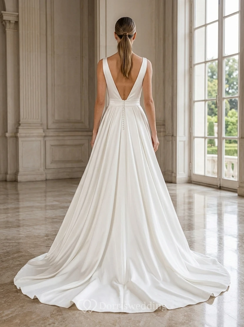 Combinaison de mariée à décolleté plongeant et traîne amovible en mousseline view 2