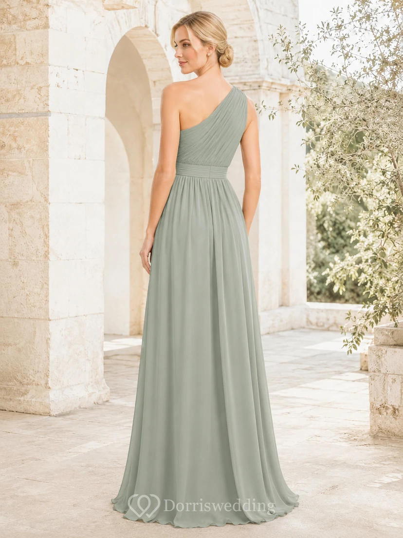 Sage one shoulder pleated chiffon A-line floor gown view 2