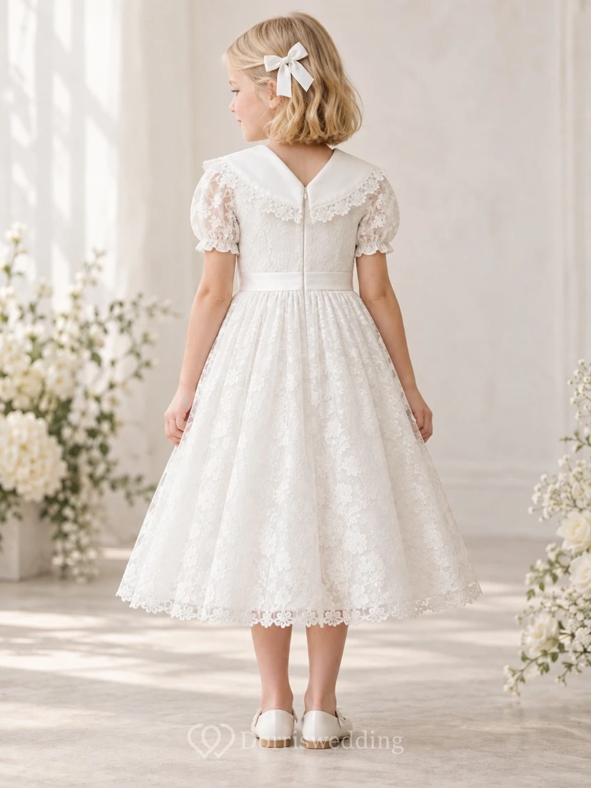 Tea-length White Floral Sailor V-neck Puff Sleeve A-Line Gathered Lace Satin Sash Zipper Flowergirl Dress view 2