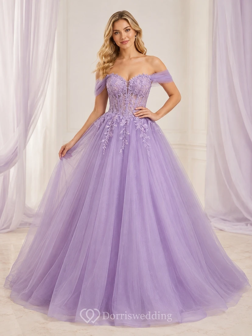 Lavender Prom Appliqued Ball Gown Off-the-shoulder Tulle Short Sleeve Floor-length Romantic Dress