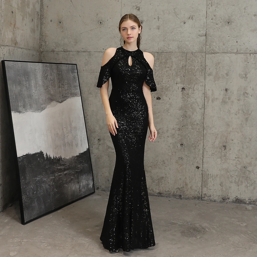 Banquet Temperament Elegant Long Short-Sleeved Sequin Aura Queen Fishtail Evening Dress view 34