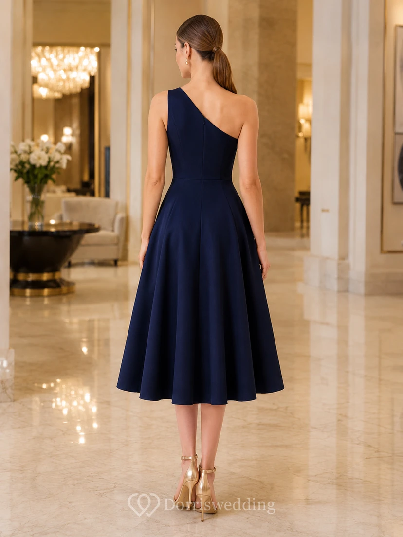Dark Navy One-Shoulder Fit Flare Midi Dress view 2