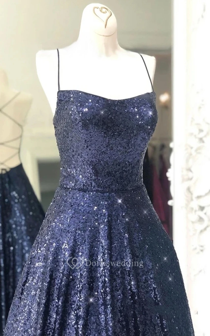 Modernes, bodenlanges, ärmelloses A-Linien-Abendkleid mit Pailletten und offenem Rücken view 3