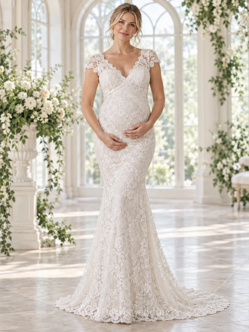 Robe de mariée sirène de maternité à col en V, manches courtes en dentelle florale et traîne.