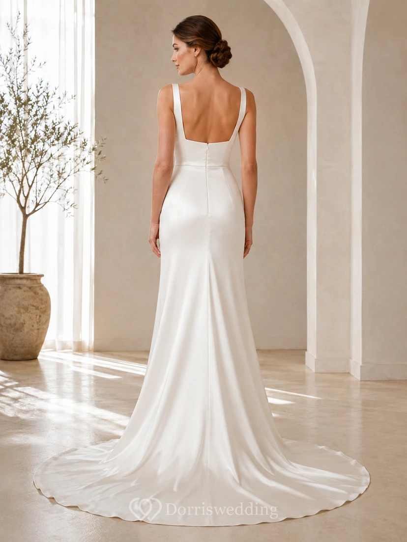 Minimalist Charmeuse Wedding Dress Sheath Square Neck Sleeveless Sweep Train Bridal Gown view 2