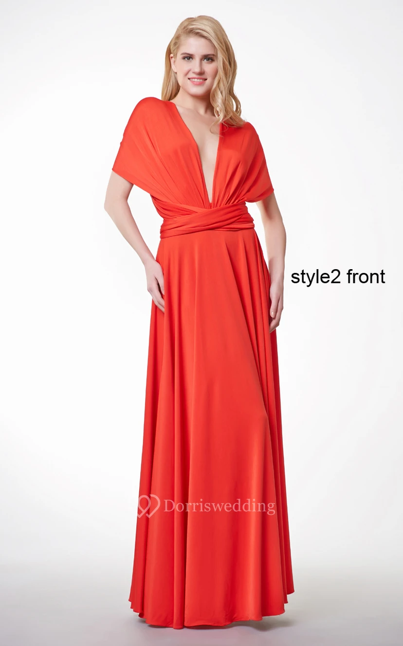 Deep V Neck Ruched Long Jersey Dress With Changeable Criss Cross Straps view 3