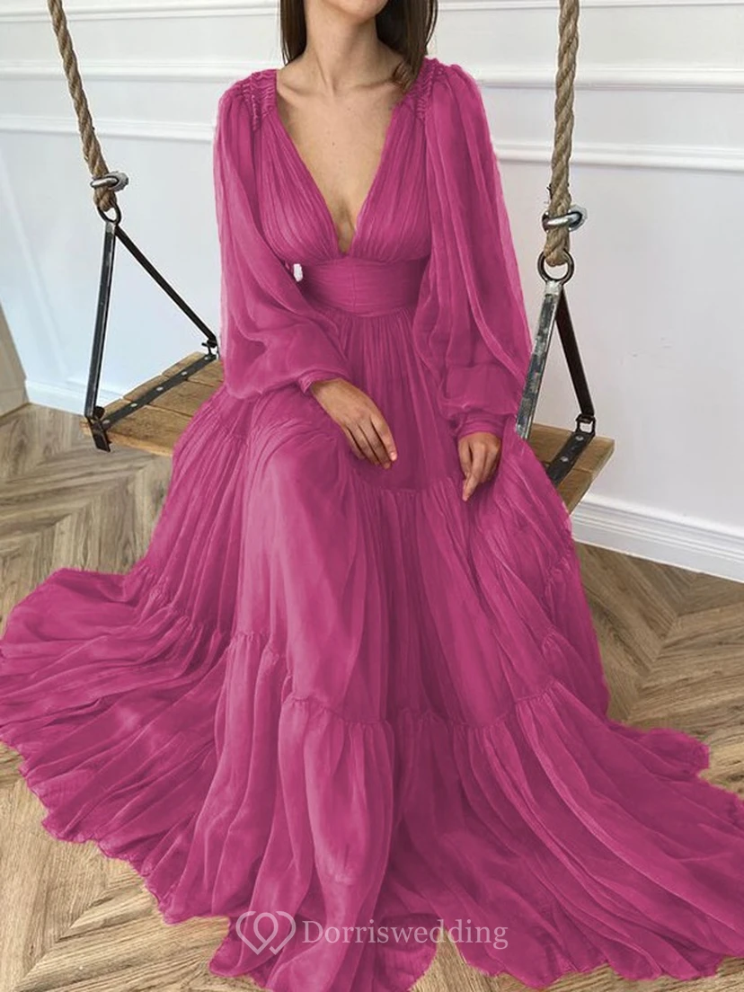 Sexy V-neck Puff Long Sleeve Chiffon Layered Empire Dress view 13