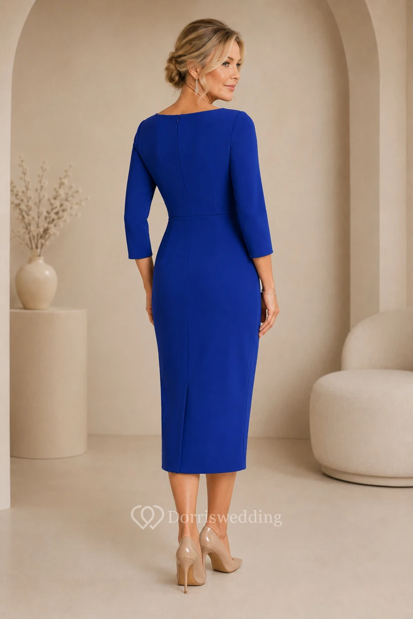 MOB-Kleid, königsblau, Stretch-Satin, Etuikleid, 3/4-Ärmel, U-Boot-Ausschnitt, knielang, gerafft view 2