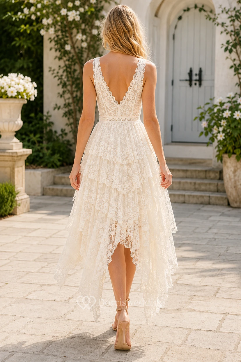 Wedding Guest Dress Ivory Lace Tulle A-Line V-Neck Sleeveless High Low view 2