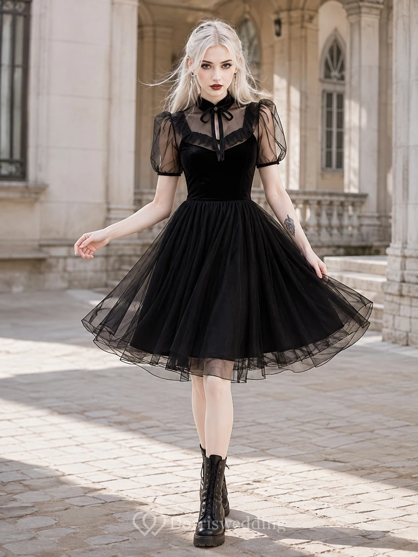 Black Vintage Jewel Neck Puff Sleeve Tulle A-Line Knee-Length Casual Cocktail Dress