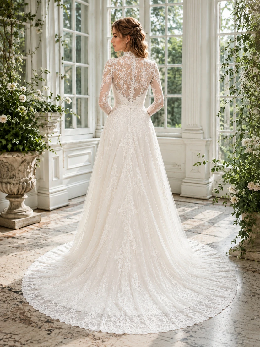 Modest High Neck Long Illusion Sleeve Floral Lace A-Line Chapel Train Wedding Dress view 2