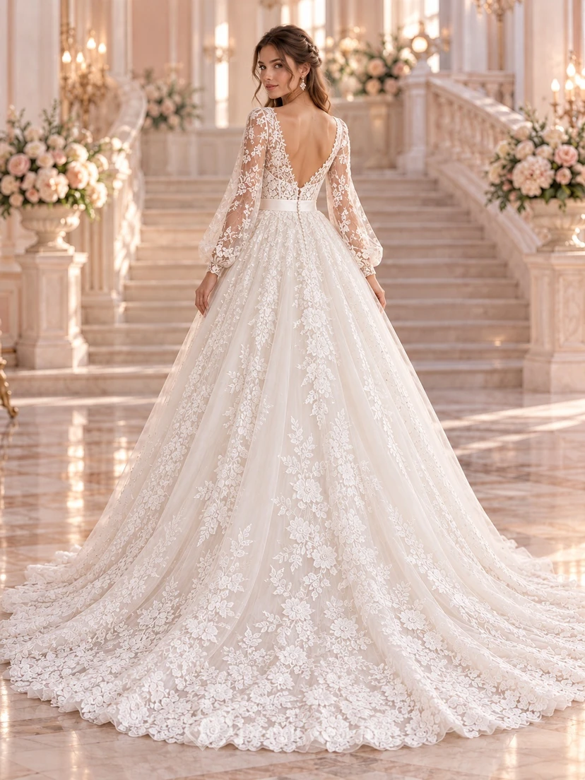 Long Poet Sleeve Plunging Lace Tulle Full A-Line Wedding Dress view 2