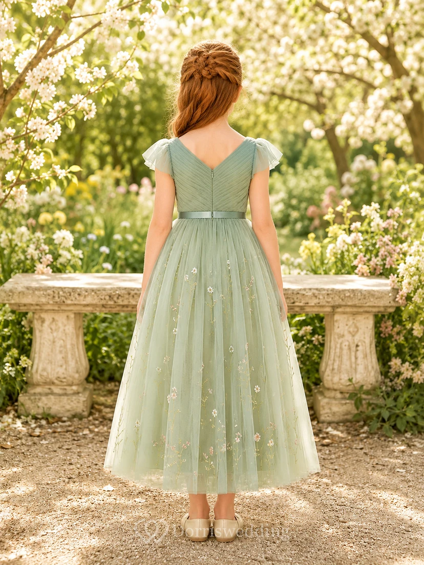 Sage Flower Girl Dress Bohemian Ankle-Length A-Line V-Neck Flutter Sleeve Ruched Tulle Wildflower Embroidery view 2