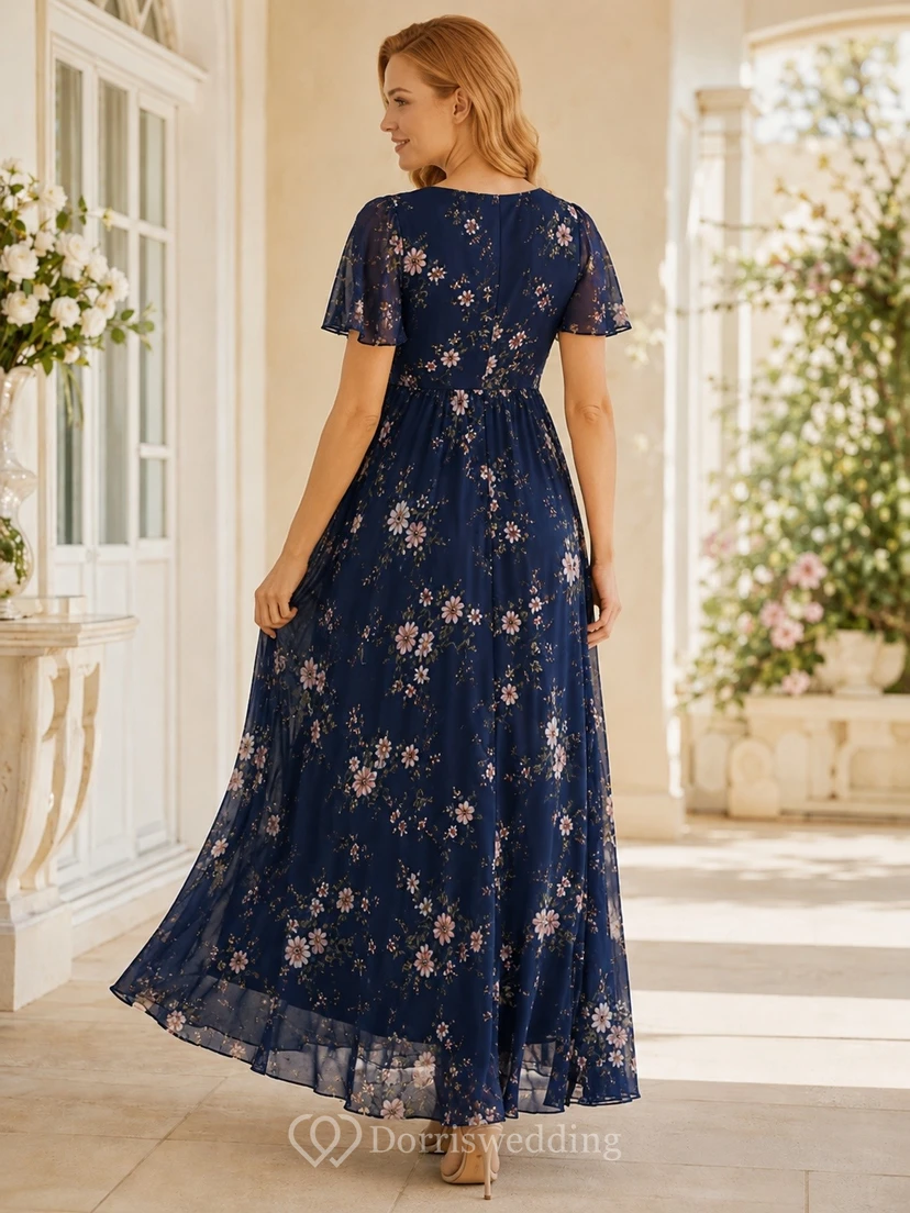 Navy Maternity Floral Short Sleeve Chiffon Floor-length A-line Spring Garden Dress view 2