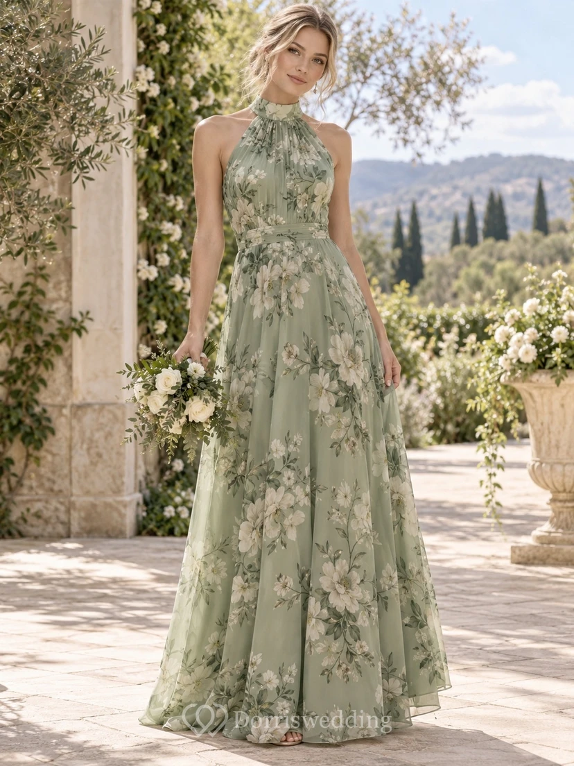 Sage Botanical Print Halter High-Neck Sleeveless Side-Slit Floor-Length Chiffon Bridesmaid Dress