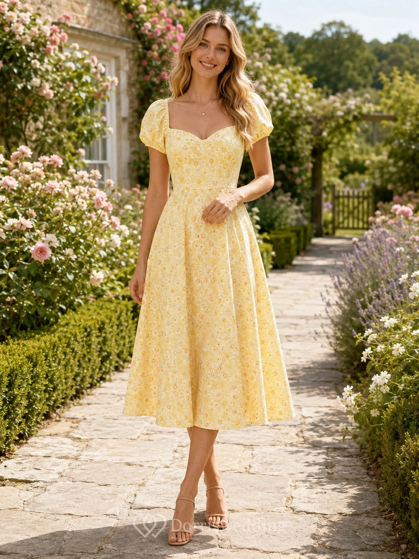 Ländliches, teelanges, gelbes Blumenkleid mit eckigem Ausschnitt und Puffärmeln