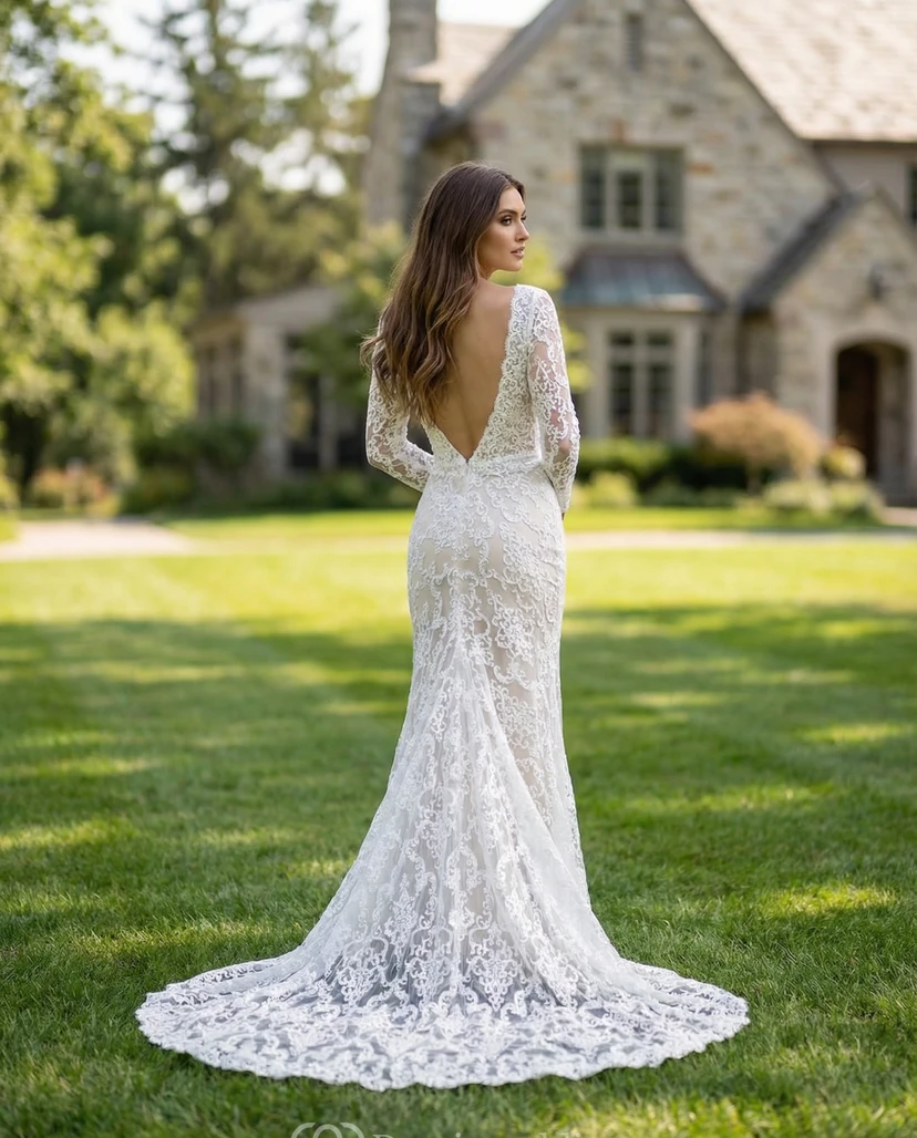 Robe de mariée en dentelle coupe sirène et évasée, manches longues, décolleté en V profond, effet illusion view 2