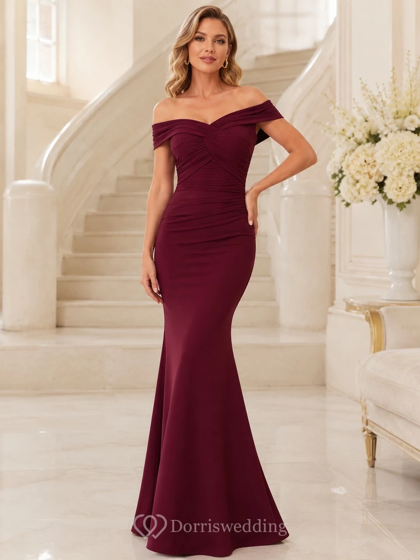 Vestido formal largo hasta el suelo, de manga corta, estilo sirena, con hombros descubiertos, color granate, jersey.