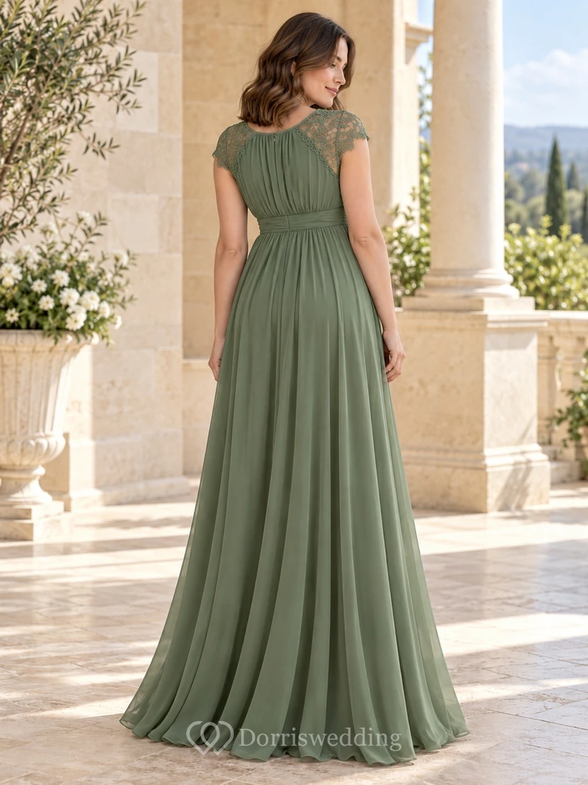 Maternity Sage Jewel Neck Lace Cap Empire Waist Chiffon Gown view 2